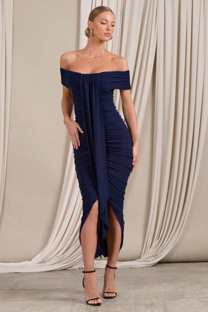 Camrin Navy Ruched Bardot Maxi Dress With Train Detail-Fashionmomo.All Rights Reserved