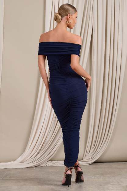 Camrin Navy Ruched Bardot Maxi Dress With Train Detail-Fashionmomo.All Rights Reserved
