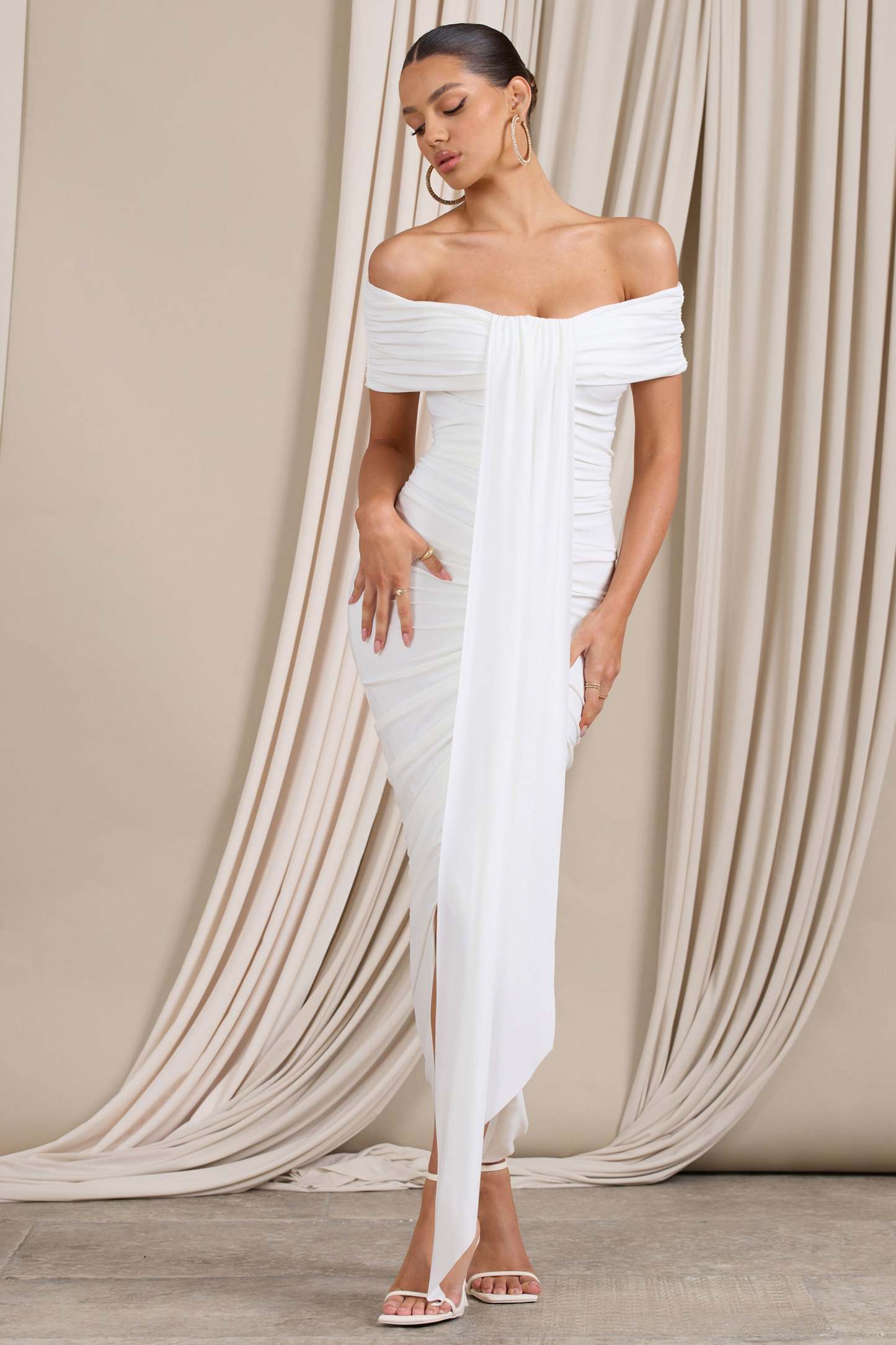 Camrin White Ruched Bardot Maxi Dress With Train Detail-Fashionmomo.All Rights Reserved