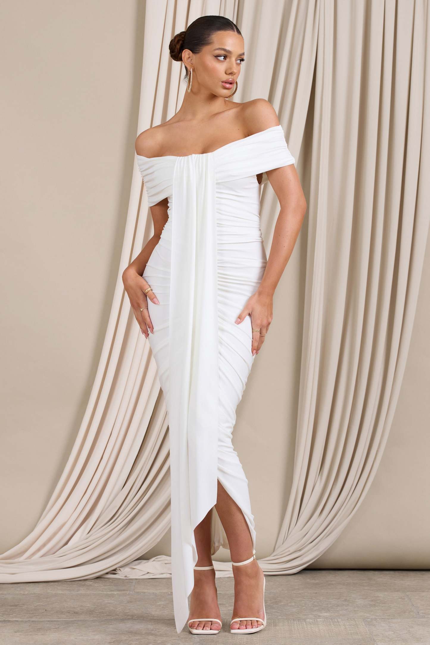 Camrin White Ruched Bardot Maxi Dress With Train Detail-Fashionmomo.All Rights Reserved