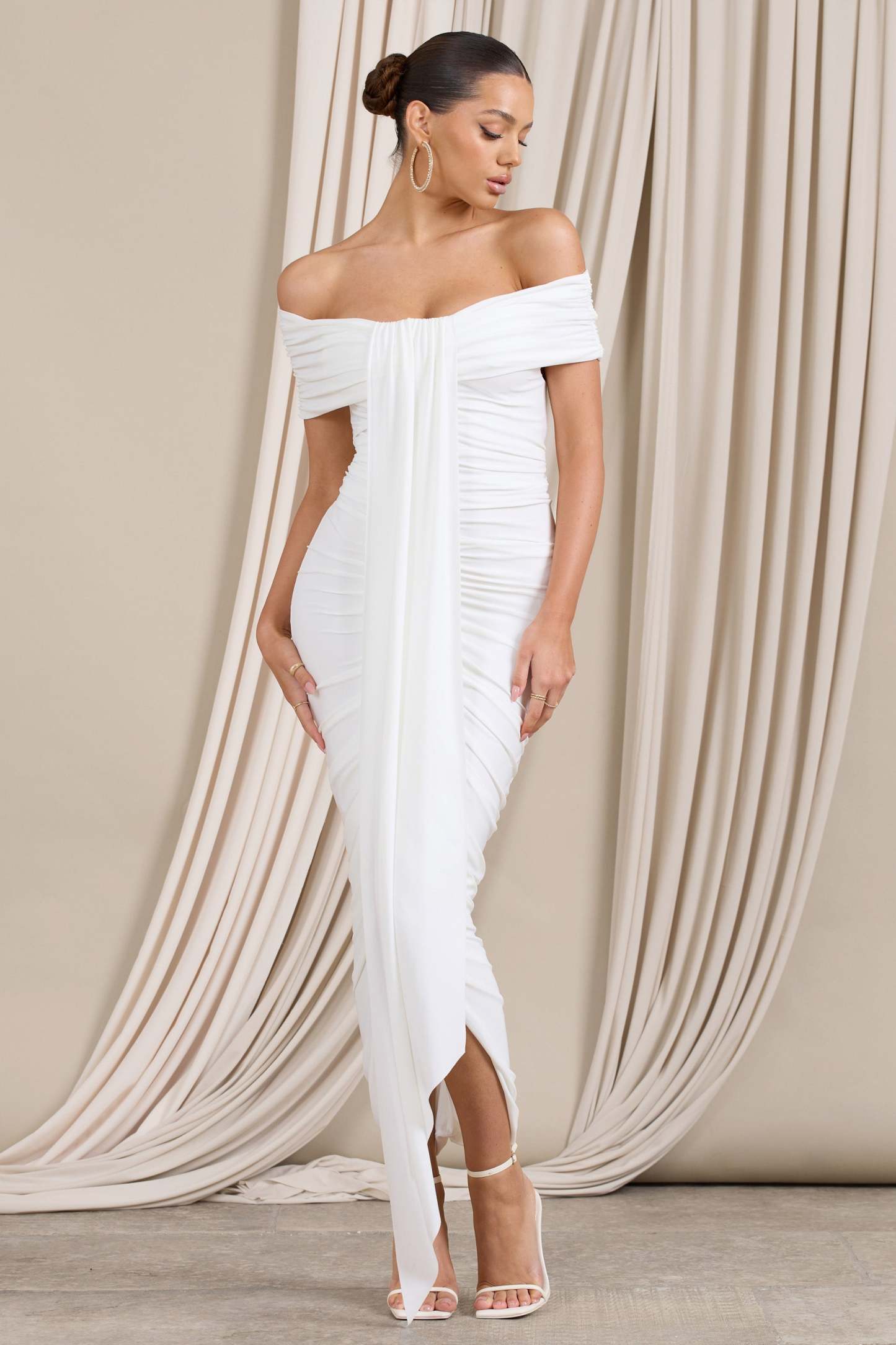 Camrin White Ruched Bardot Maxi Dress With Train Detail-Fashionmomo.All Rights Reserved
