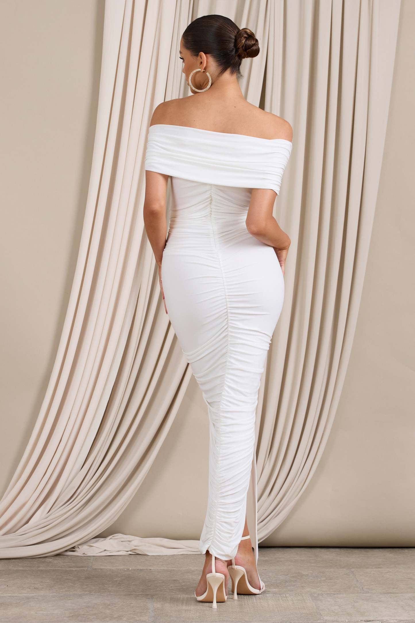 Camrin White Ruched Bardot Maxi Dress With Train Detail-Fashionmomo.All Rights Reserved