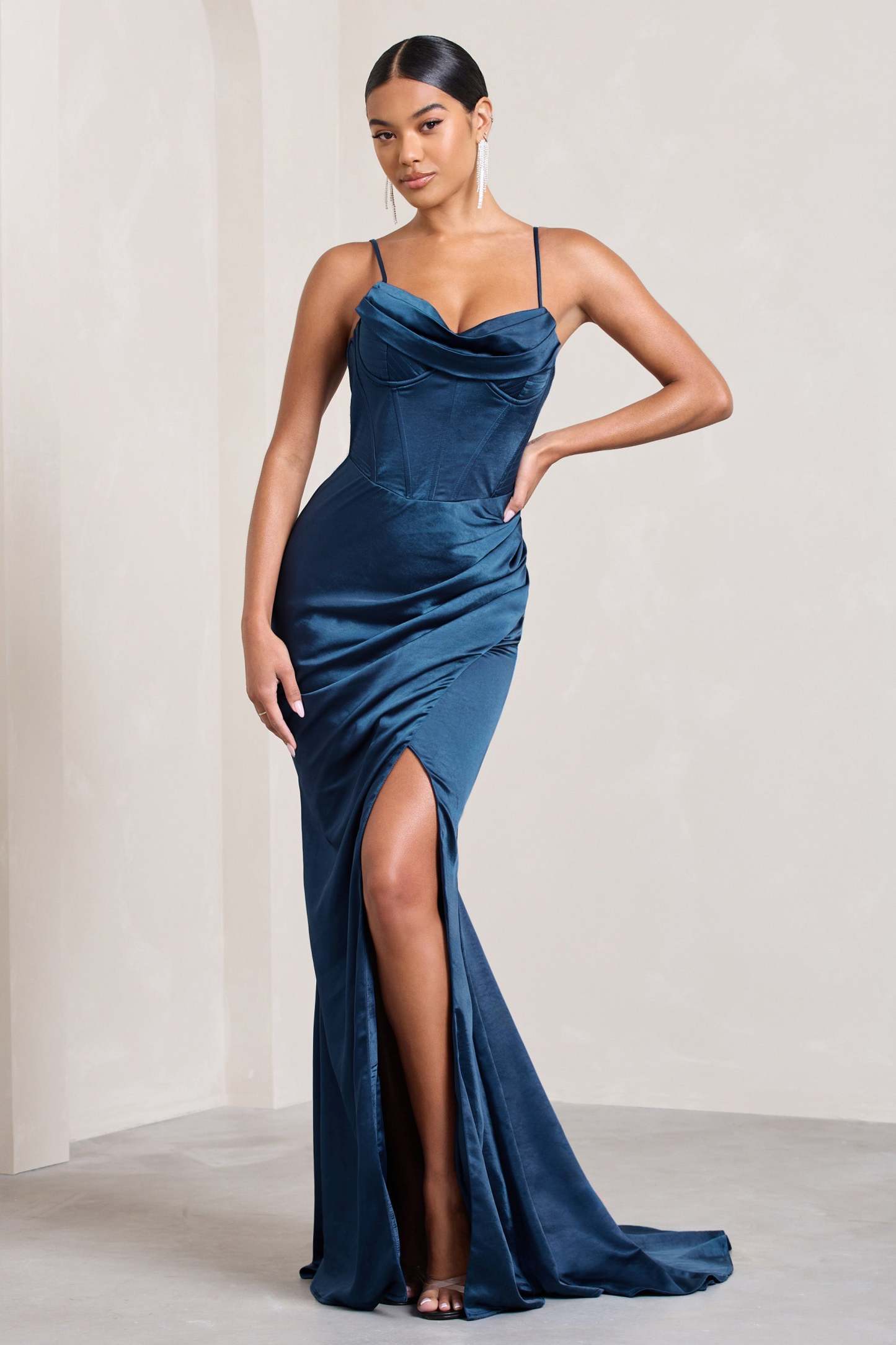 Grand Gift Navy Satin Corset Draped Fishtail Maxi Dress-Fashionmomo.All Rights Reserved