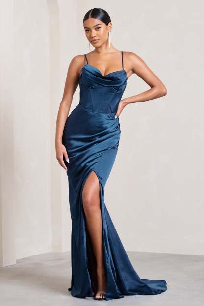 Grand Gift Navy Satin Corset Draped Fishtail Maxi Dress-Fashionmomo.All Rights Reserved