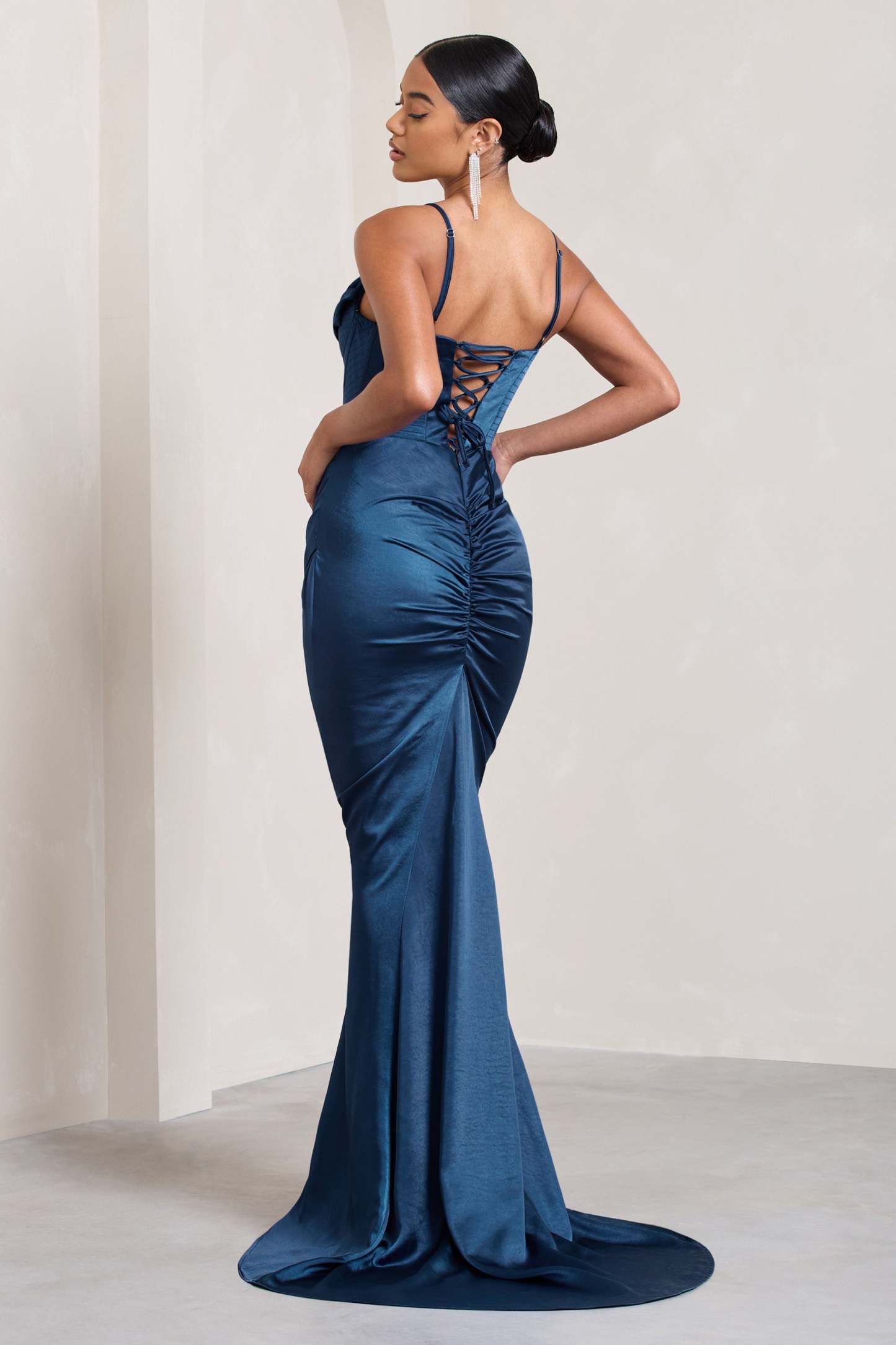 Grand Gift Navy Satin Corset Draped Fishtail Maxi Dress-Fashionmomo.All Rights Reserved