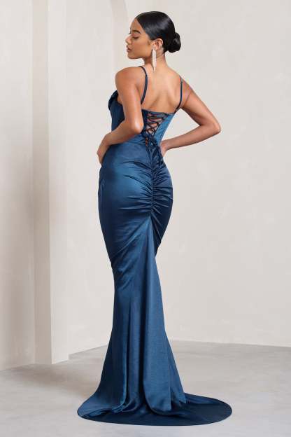 Grand Gift Navy Satin Corset Draped Fishtail Maxi Dress-Fashionmomo.All Rights Reserved
