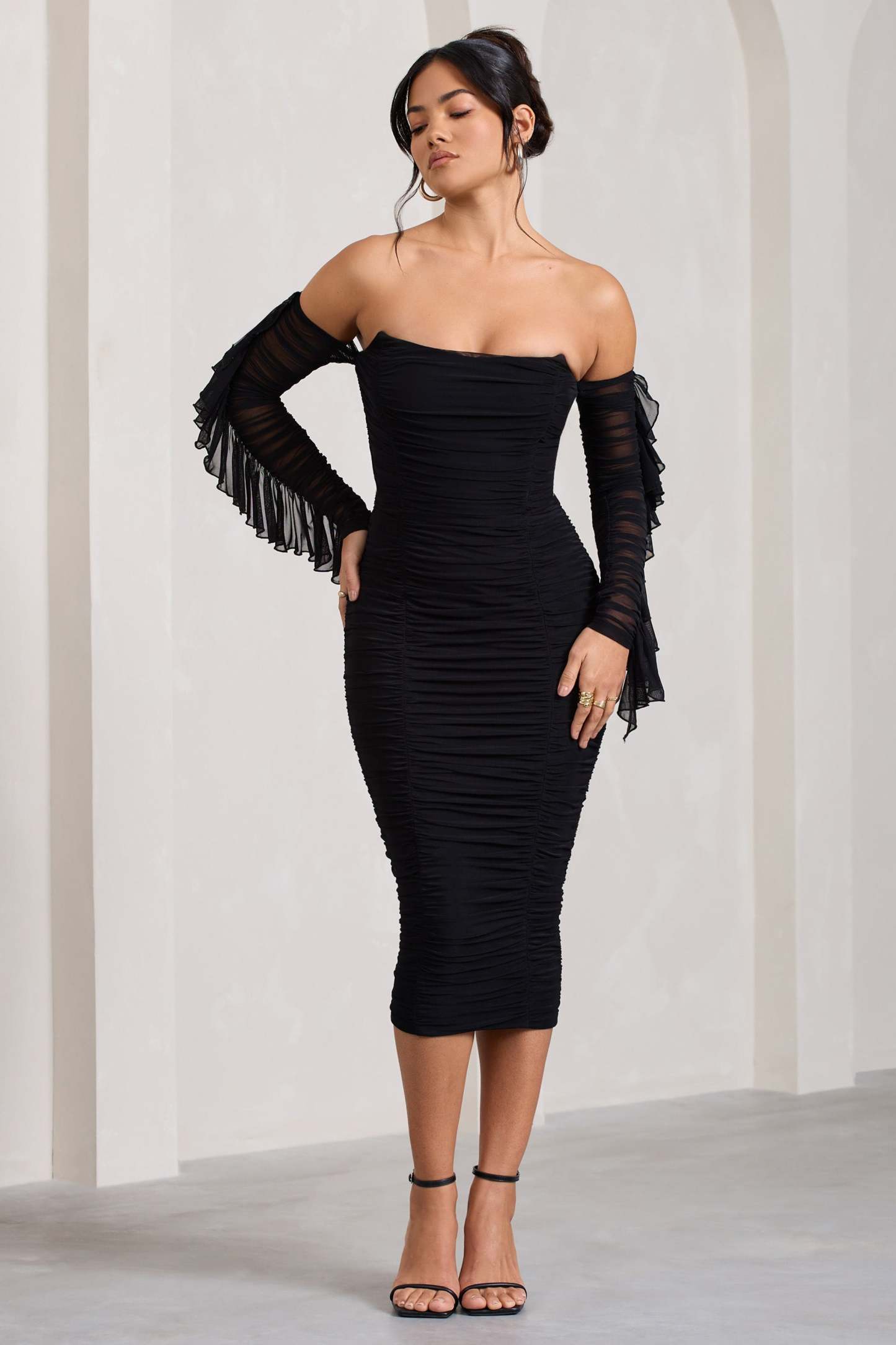 Favor Black Ruched Mesh Bardot Midi Dress-Fashionmomo.All Rights Reserved