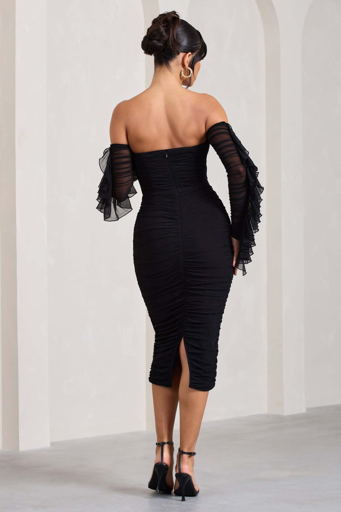 Favor Black Ruched Mesh Bardot Midi Dress-Fashionmomo.All Rights Reserved