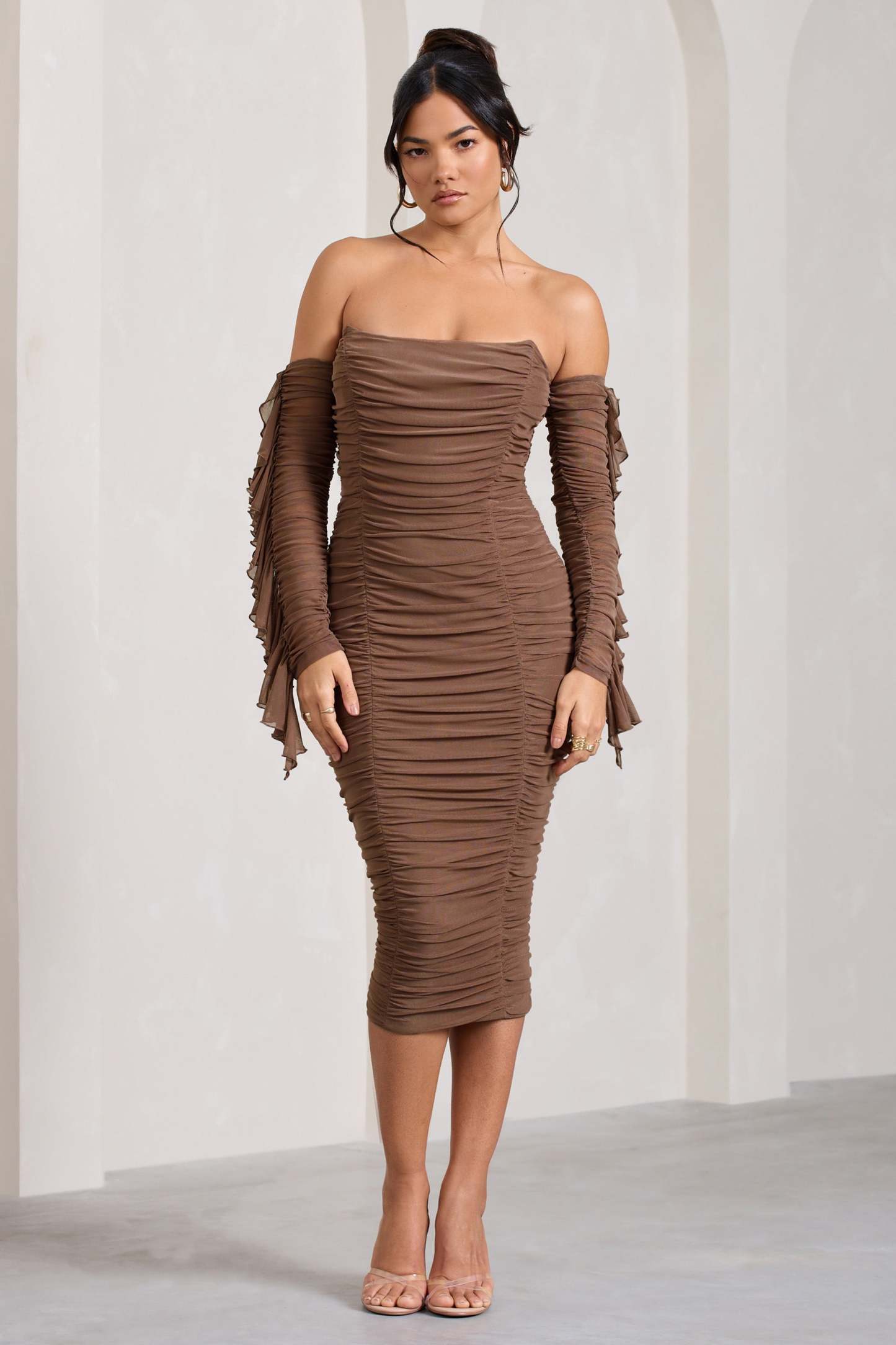Favor Mocha Ruched Mesh Bardot Midi Dress-Fashionmomo.All Rights Reserved