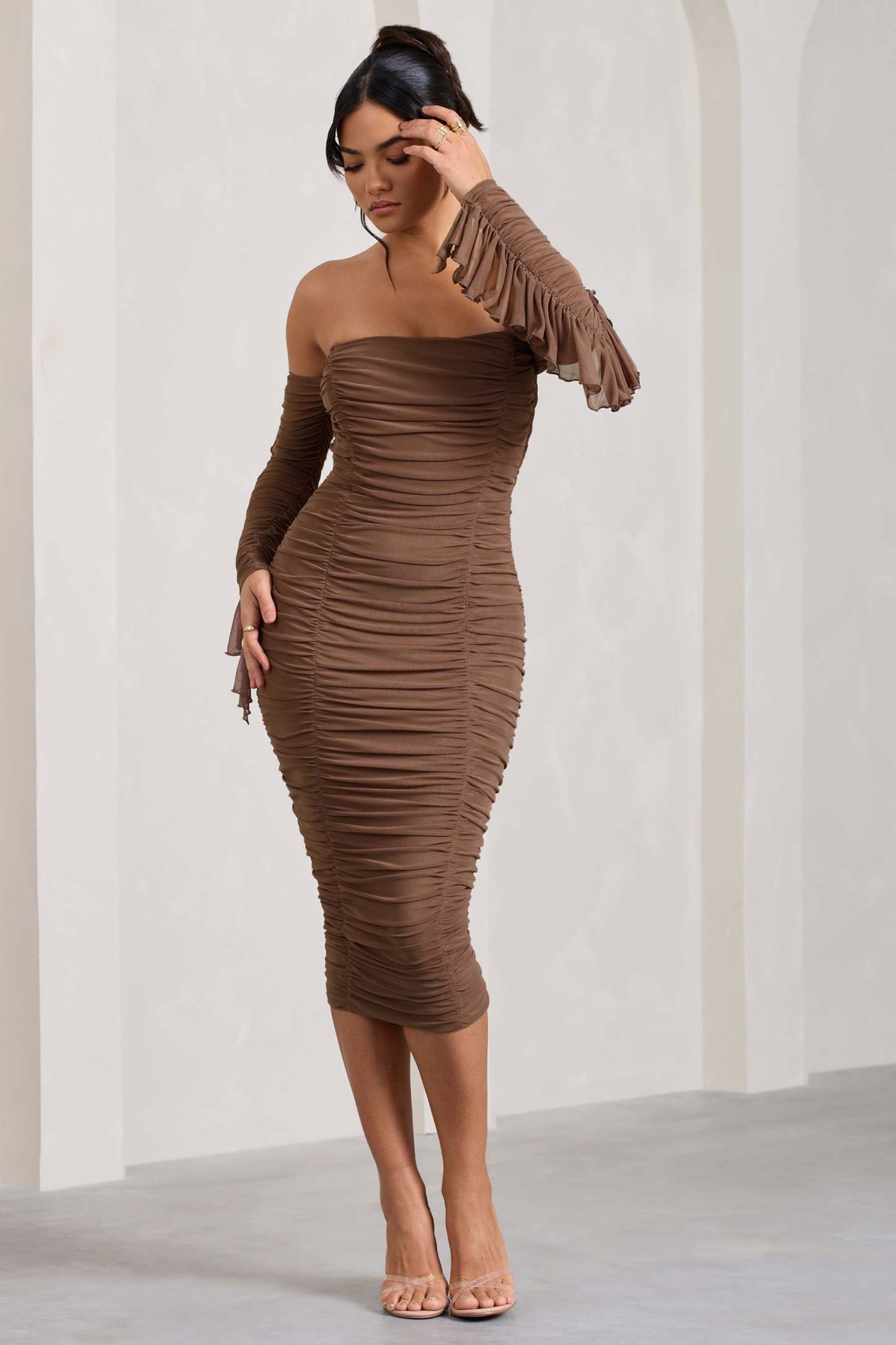Favor Mocha Ruched Mesh Bardot Midi Dress-Fashionmomo.All Rights Reserved