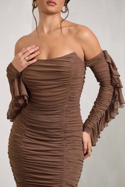 Favor Mocha Ruched Mesh Bardot Midi Dress-Fashionmomo.All Rights Reserved