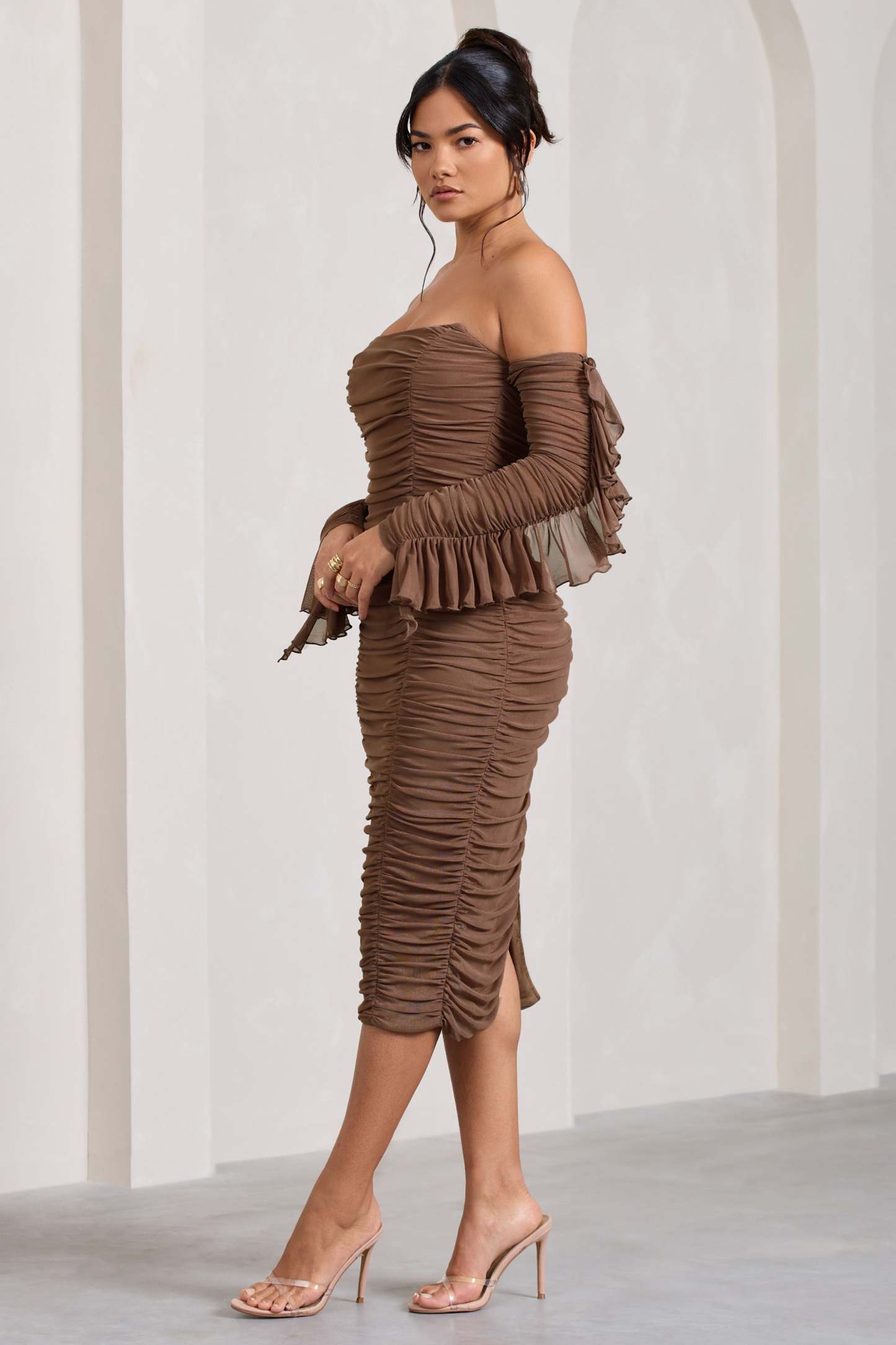Favor Mocha Ruched Mesh Bardot Midi Dress-Fashionmomo.All Rights Reserved