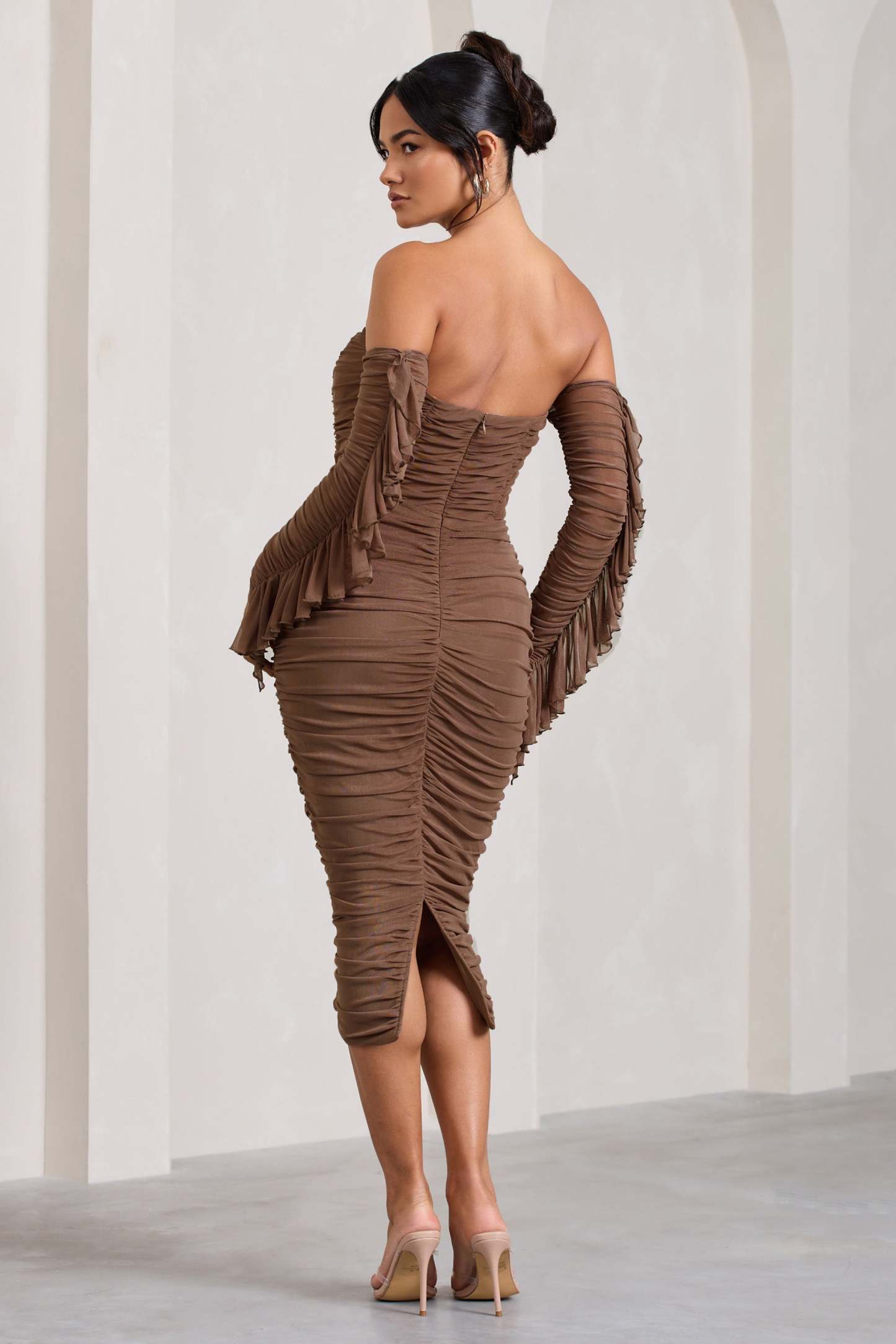 Favor Mocha Ruched Mesh Bardot Midi Dress-Fashionmomo.All Rights Reserved