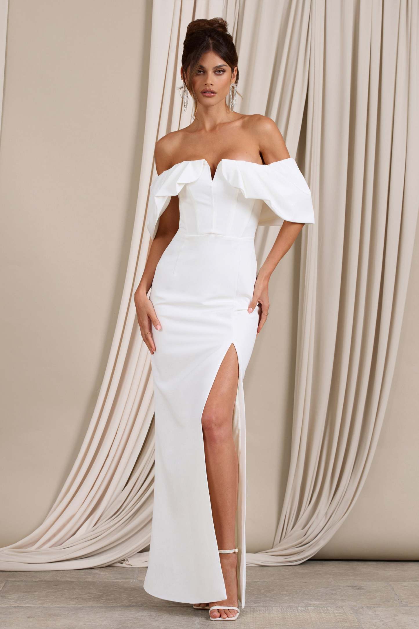 Graces White Structured Bardot Split Maxi Dress-Fashionmomo.All Rights Reserved