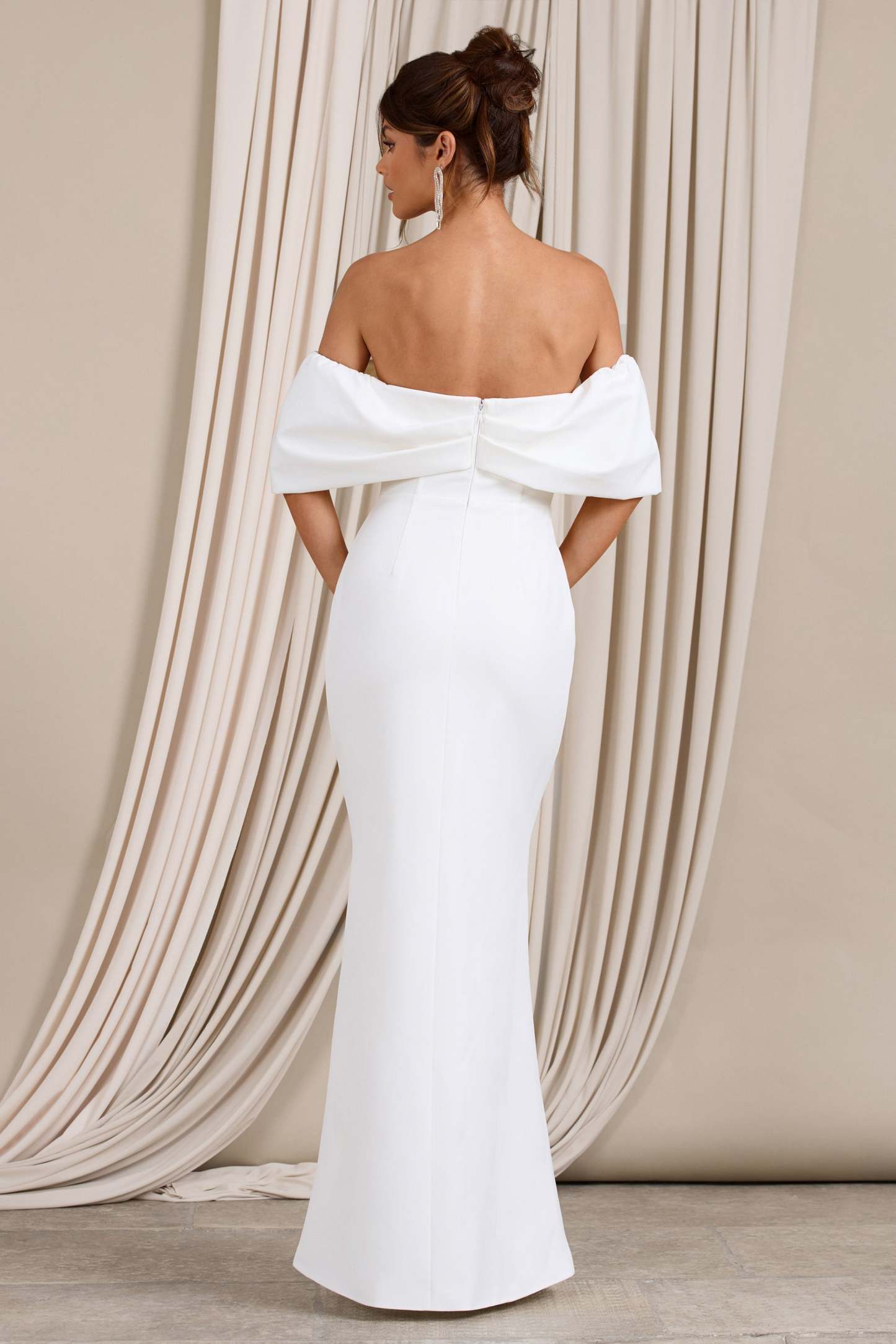 Graces White Structured Bardot Split Maxi Dress-Fashionmomo.All Rights Reserved