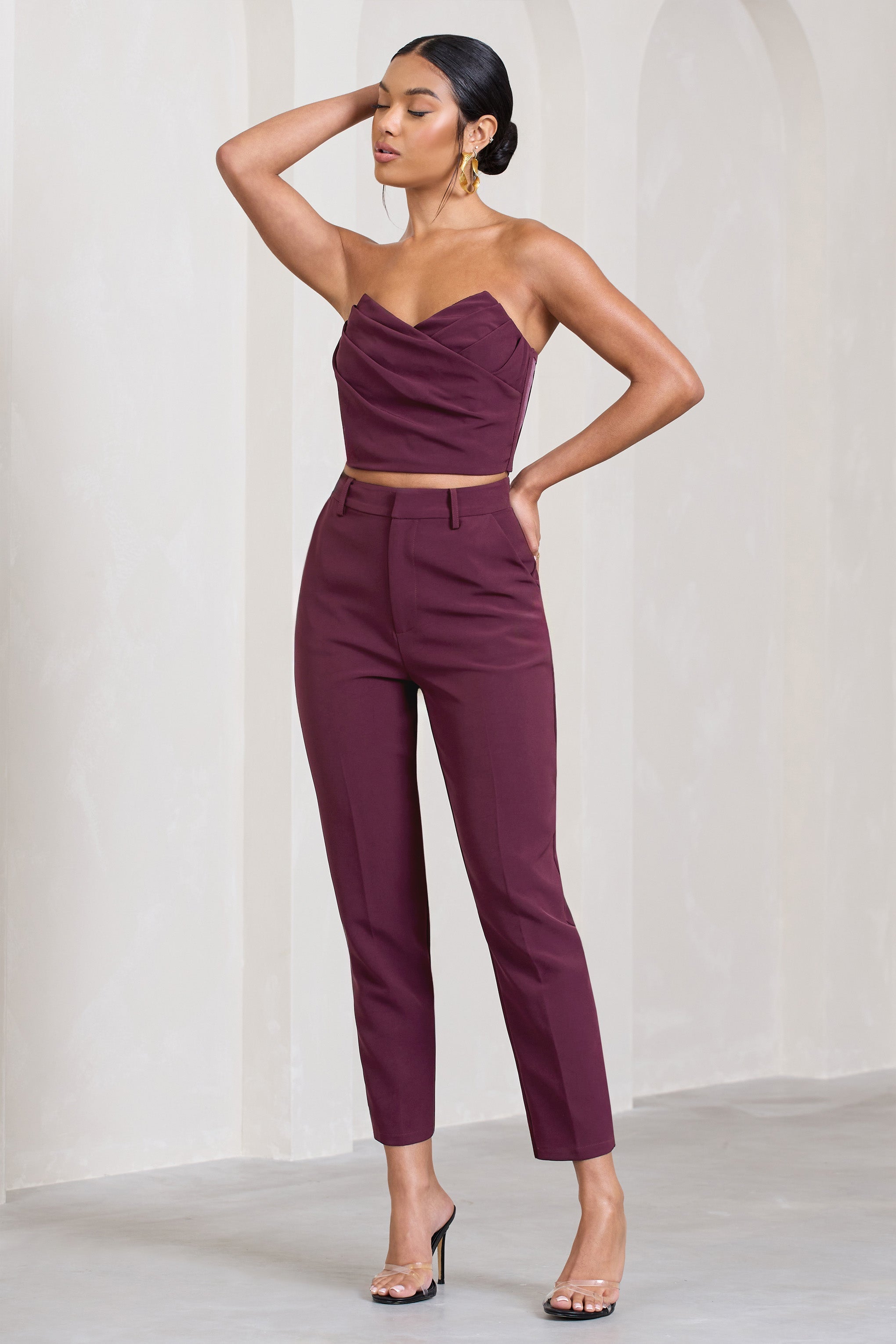 Exclusivity Burgundy Slim Tailored Cigarette Trousers-Fashionmomo.All Rights Reserved
