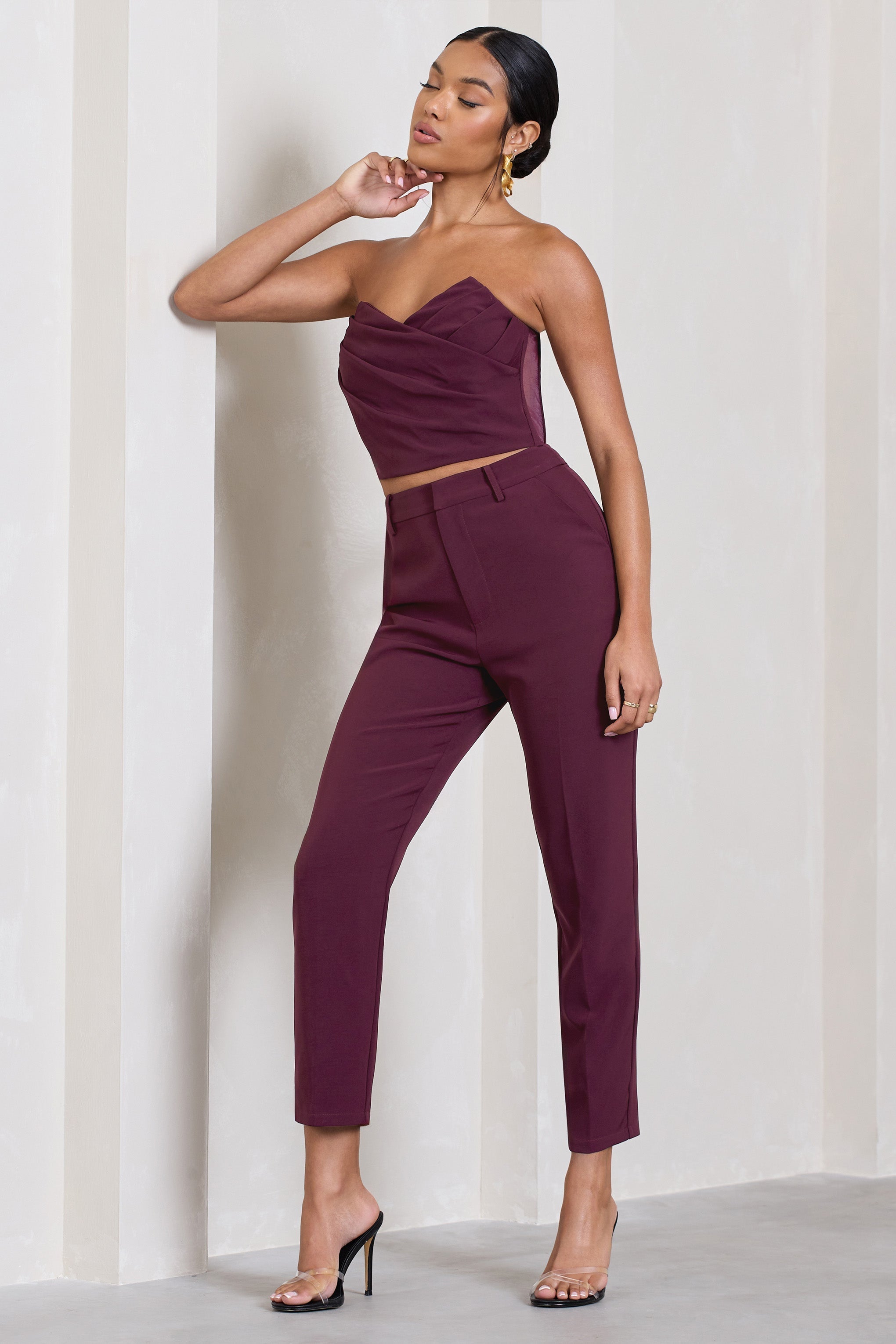 Exclusivity Burgundy Slim Tailored Cigarette Trousers-Fashionmomo.All Rights Reserved