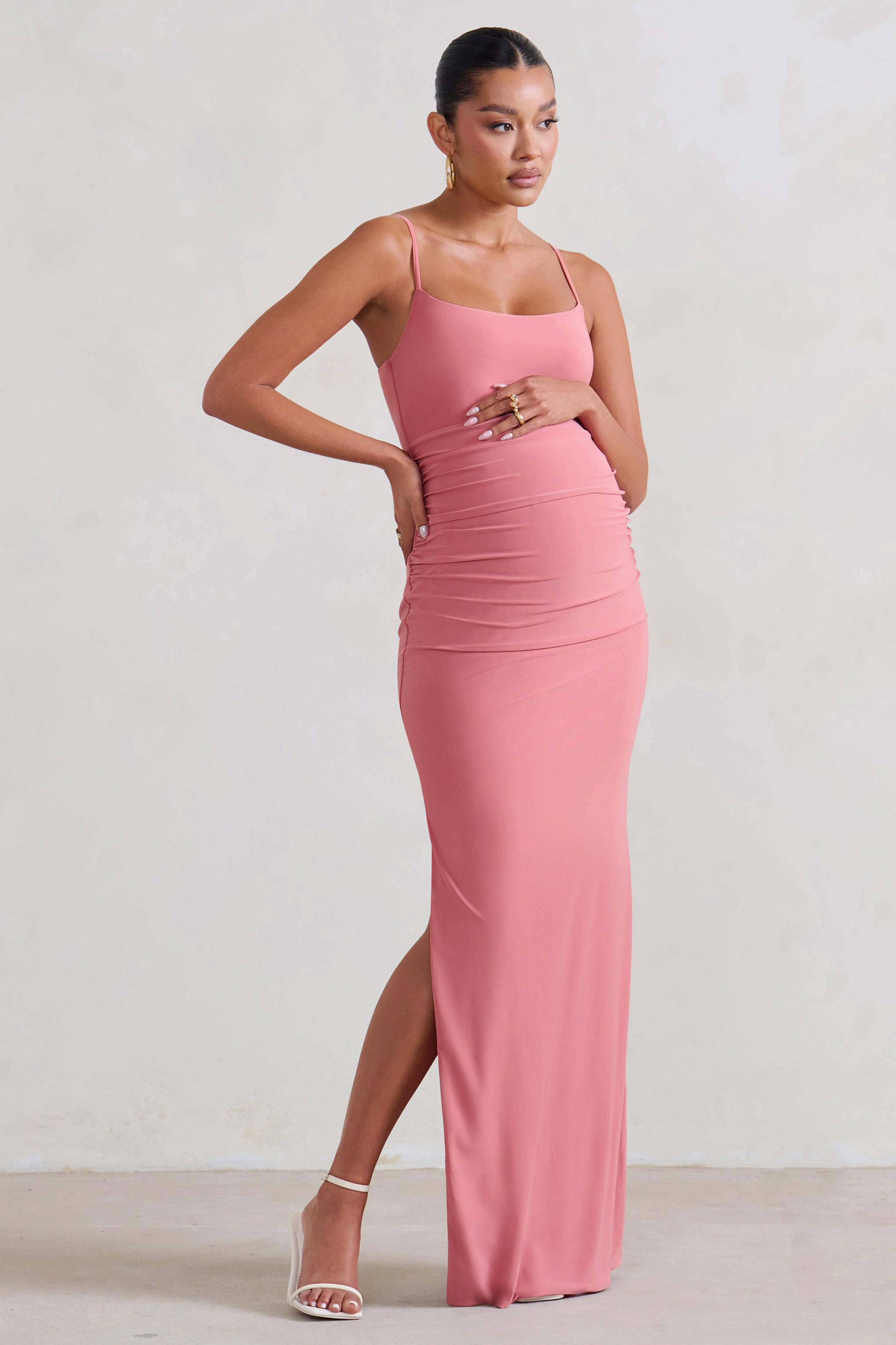Aurelia Pink Maternity Cami Maxi Dress With Split-Fashionmomo.All Rights Reserved