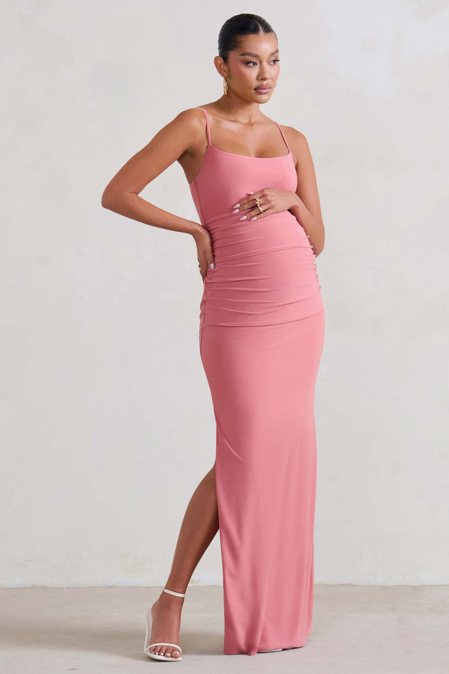 Aurelia Pink Maternity Cami Maxi Dress With Split-Fashionmomo.All Rights Reserved