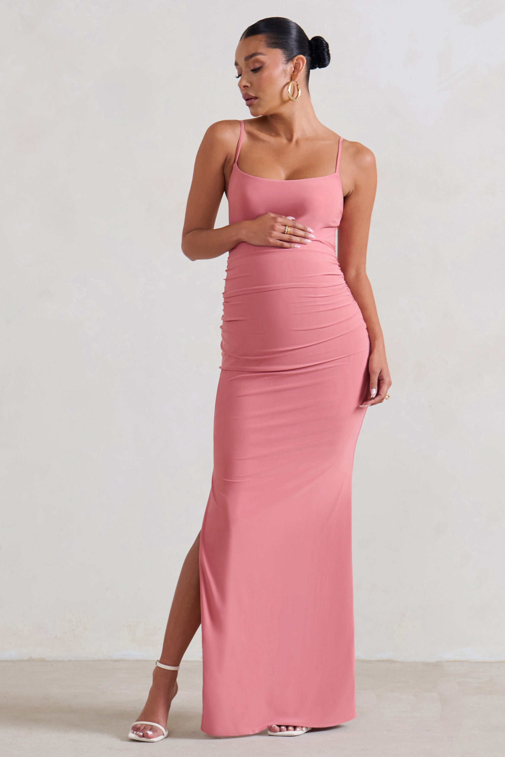 Aurelia Pink Maternity Cami Maxi Dress With Split-Fashionmomo.All Rights Reserved