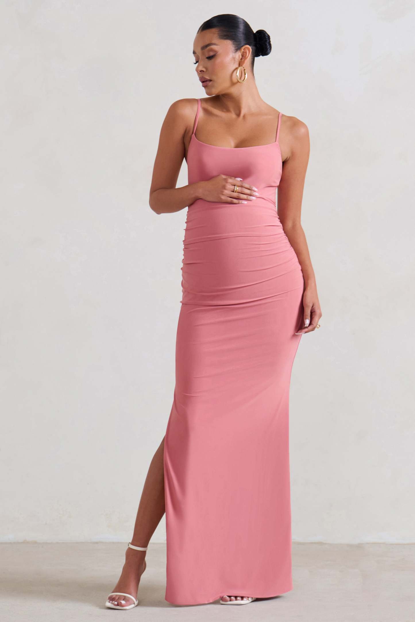 Aurelia Pink Maternity Cami Maxi Dress With Split-Fashionmomo.All Rights Reserved