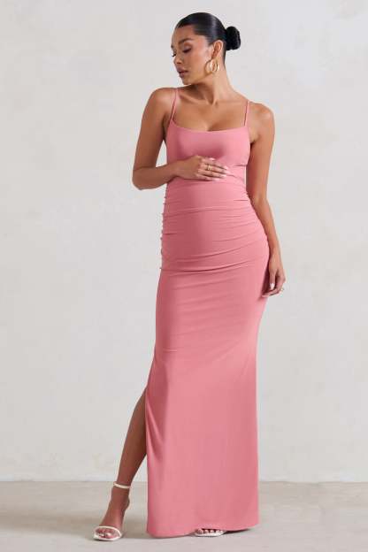 Aurelia Pink Maternity Cami Maxi Dress With Split-Fashionmomo.All Rights Reserved