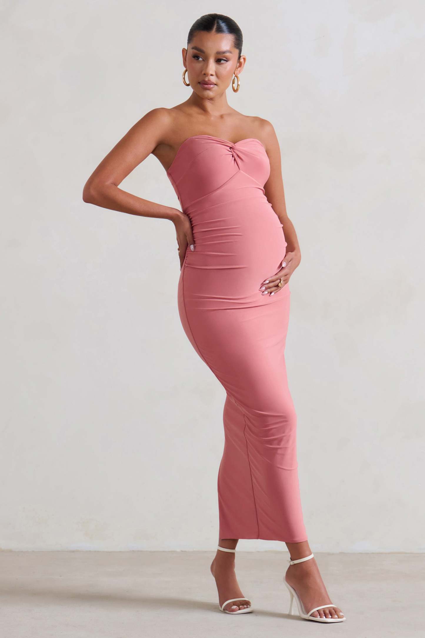 Evita Pink Maternity Sweetheart Twist Detail Midi Dress-Fashionmomo.All Rights Reserved