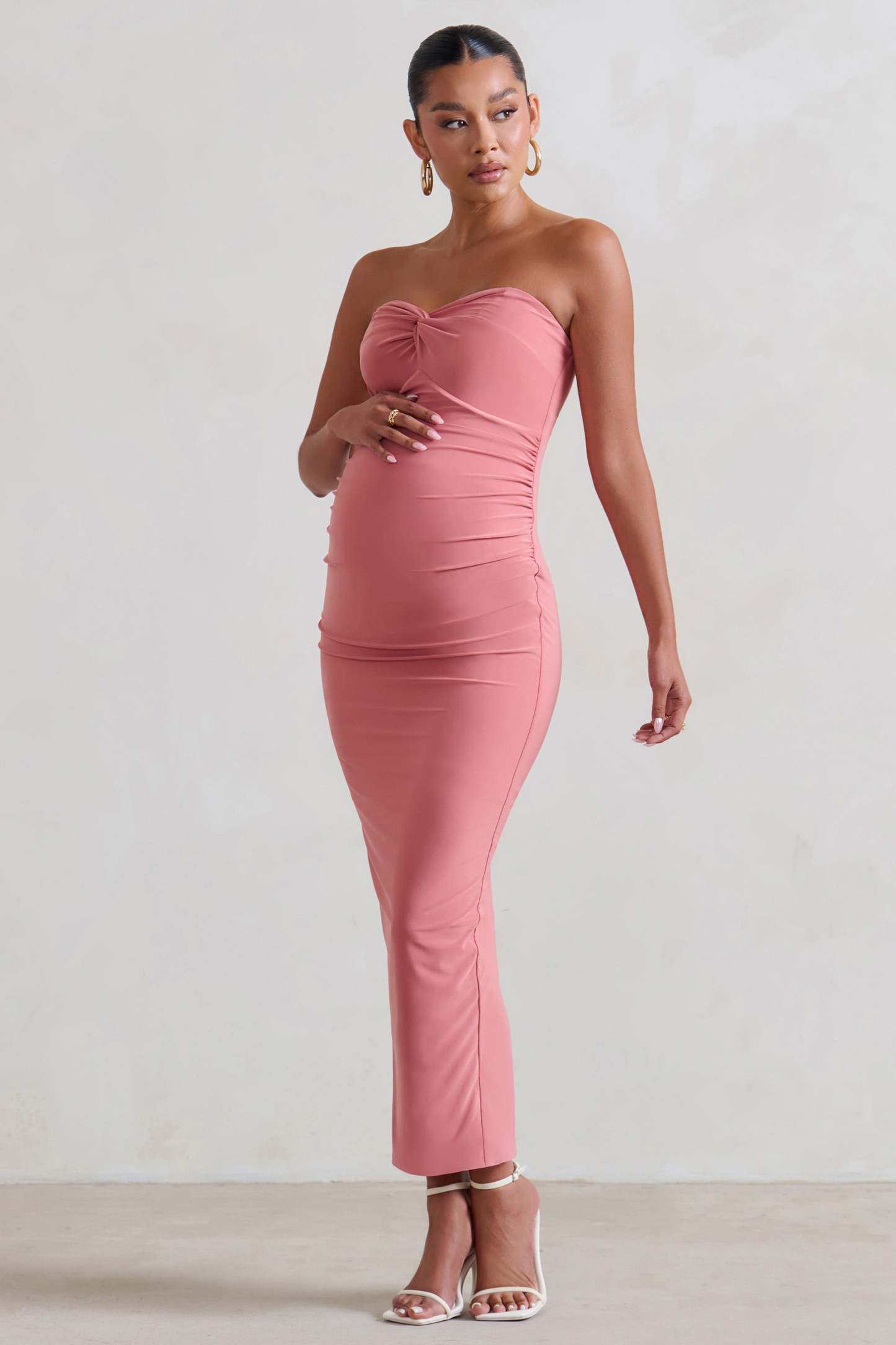 Evita Pink Maternity Sweetheart Twist Detail Midi Dress-Fashionmomo.All Rights Reserved