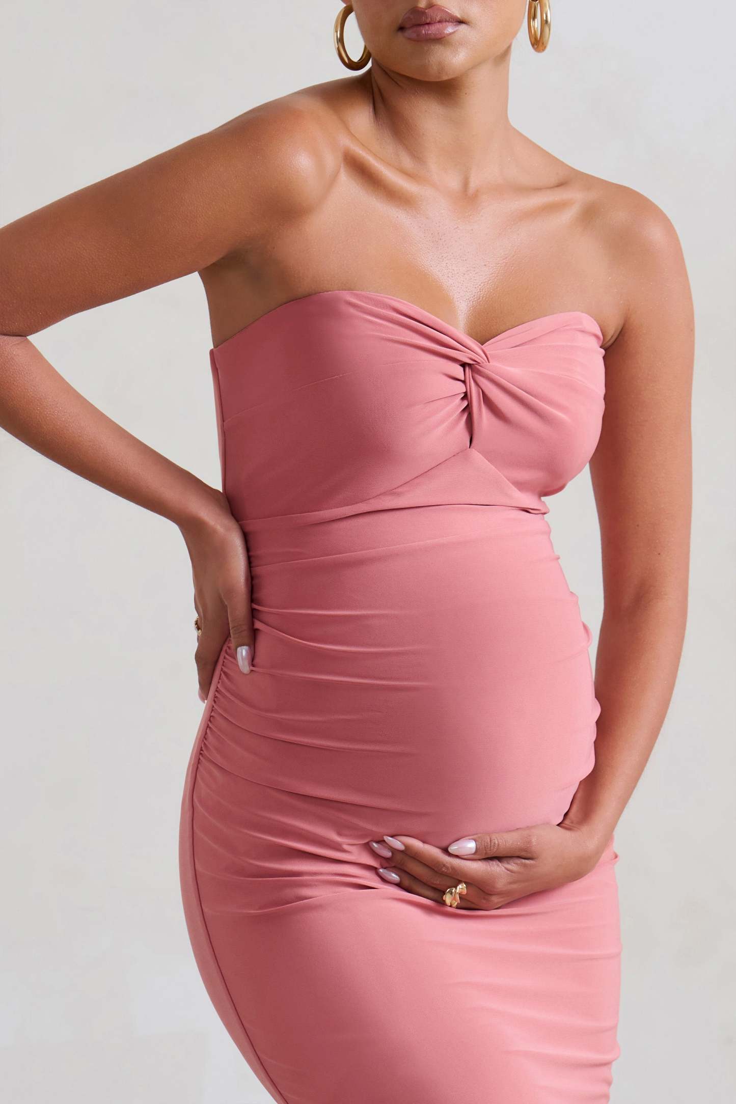 Evita Pink Maternity Sweetheart Twist Detail Midi Dress-Fashionmomo.All Rights Reserved