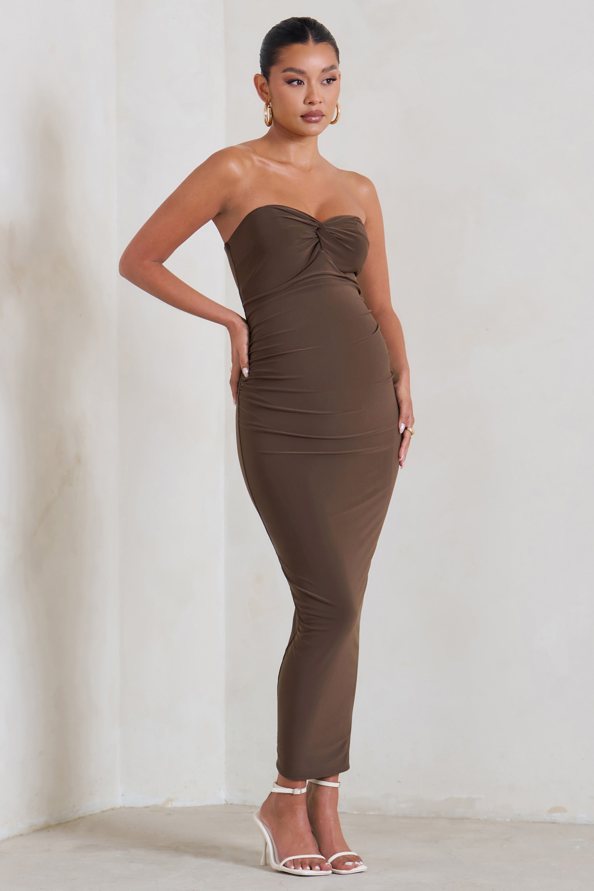 Evita Brown Maternity Sweetheart Twist Detail Midi Dress-Fashionmomo.All Rights Reserved