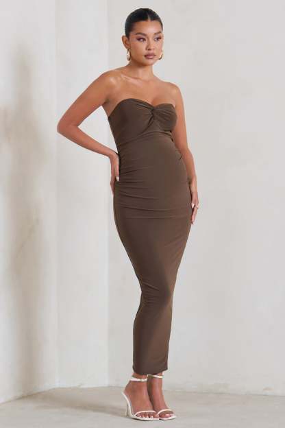 Evita Brown Maternity Sweetheart Twist Detail Midi Dress-Fashionmomo.All Rights Reserved