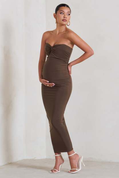 Evita Brown Maternity Sweetheart Twist Detail Midi Dress-Fashionmomo.All Rights Reserved