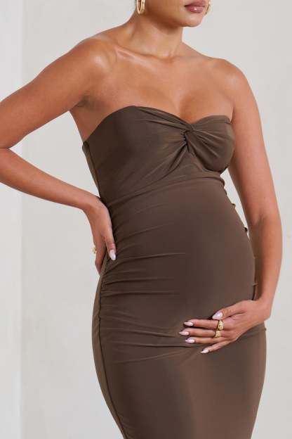Evita Brown Maternity Sweetheart Twist Detail Midi Dress-Fashionmomo.All Rights Reserved