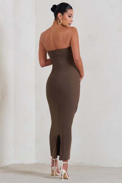 Evita Brown Maternity Sweetheart Twist Detail Midi Dress-Fashionmomo.All Rights Reserved