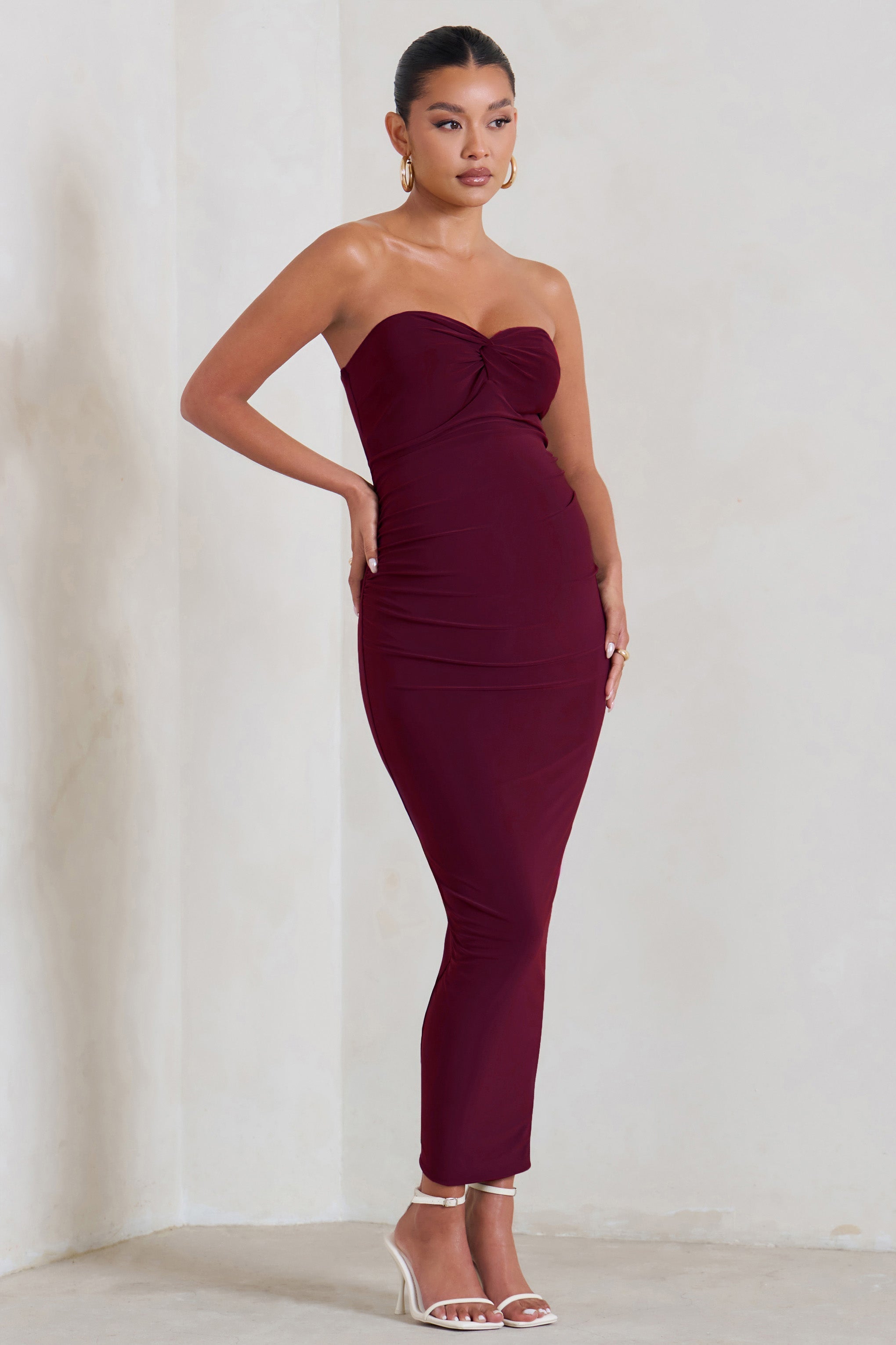 Evita Burgundy Maternity Sweetheart Twist Detail Maxi Dress-Fashionmomo.All Rights Reserved