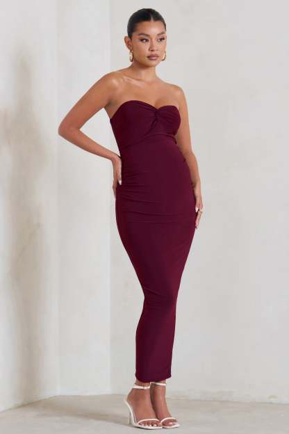 Evita Burgundy Maternity Sweetheart Twist Detail Maxi Dress-Fashionmomo.All Rights Reserved