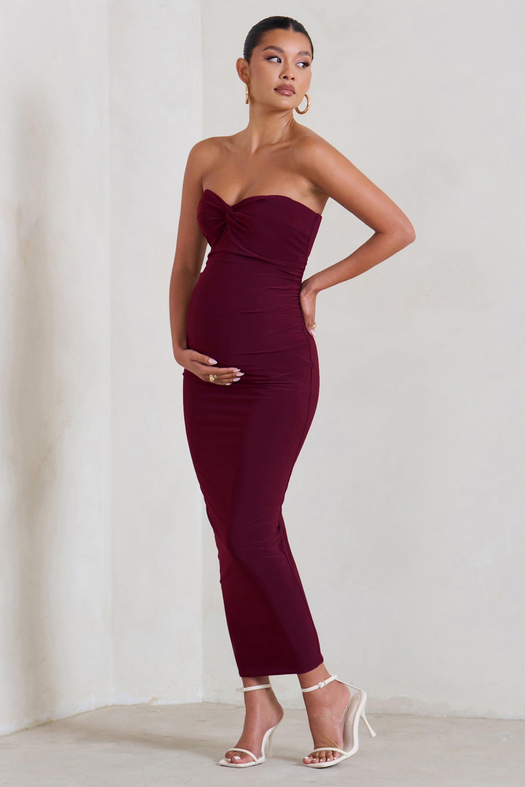 Evita Burgundy Maternity Sweetheart Twist Detail Maxi Dress-Fashionmomo.All Rights Reserved