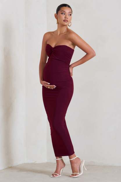 Evita Burgundy Maternity Sweetheart Twist Detail Maxi Dress-Fashionmomo.All Rights Reserved