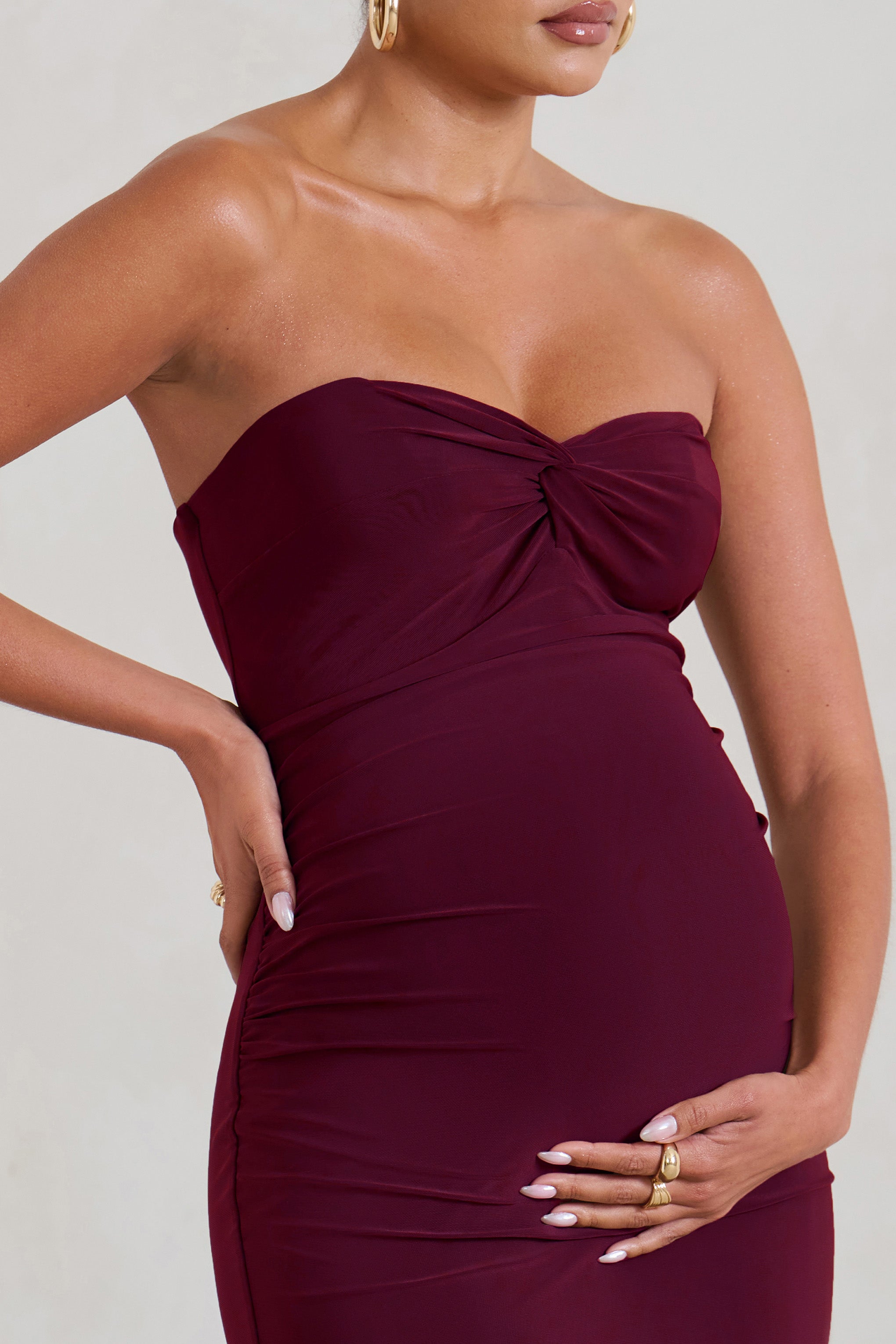 Evita Burgundy Maternity Sweetheart Twist Detail Maxi Dress-Fashionmomo.All Rights Reserved