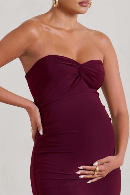 Evita Burgundy Maternity Sweetheart Twist Detail Maxi Dress-Fashionmomo.All Rights Reserved