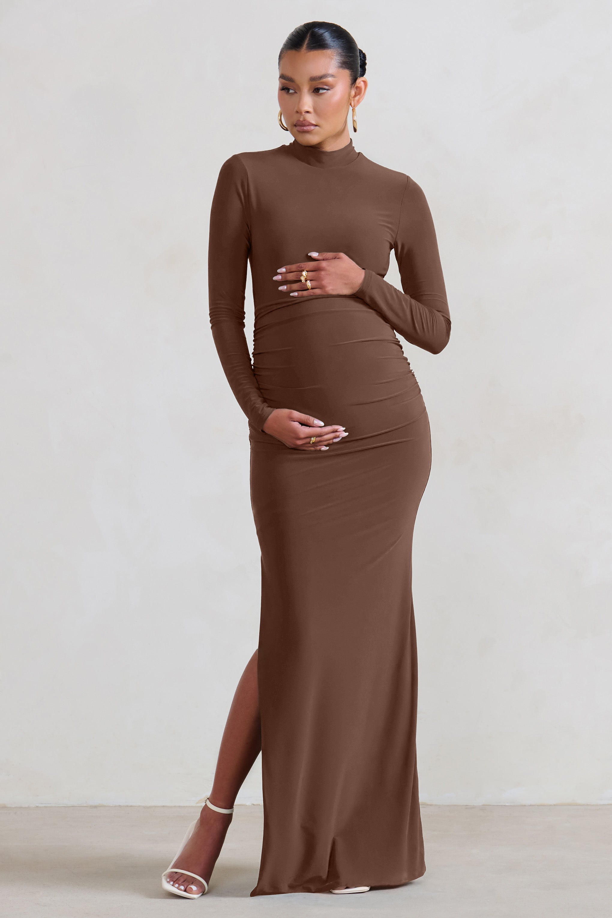 Alejandra Brown Maternity Long Sleeve High Neck Maxi Dress-Fashionmomo.All Rights Reserved