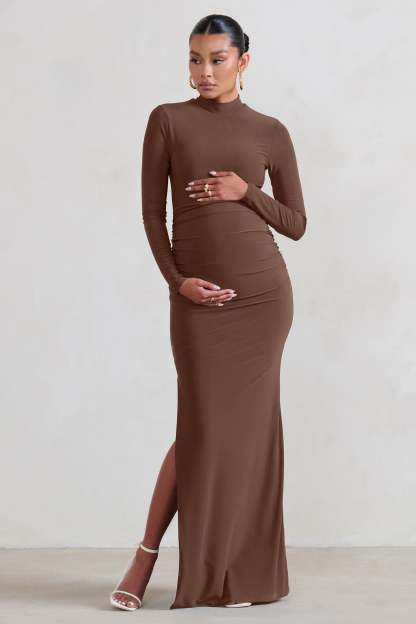 Alejandra Brown Maternity Long Sleeve High Neck Maxi Dress-Fashionmomo.All Rights Reserved