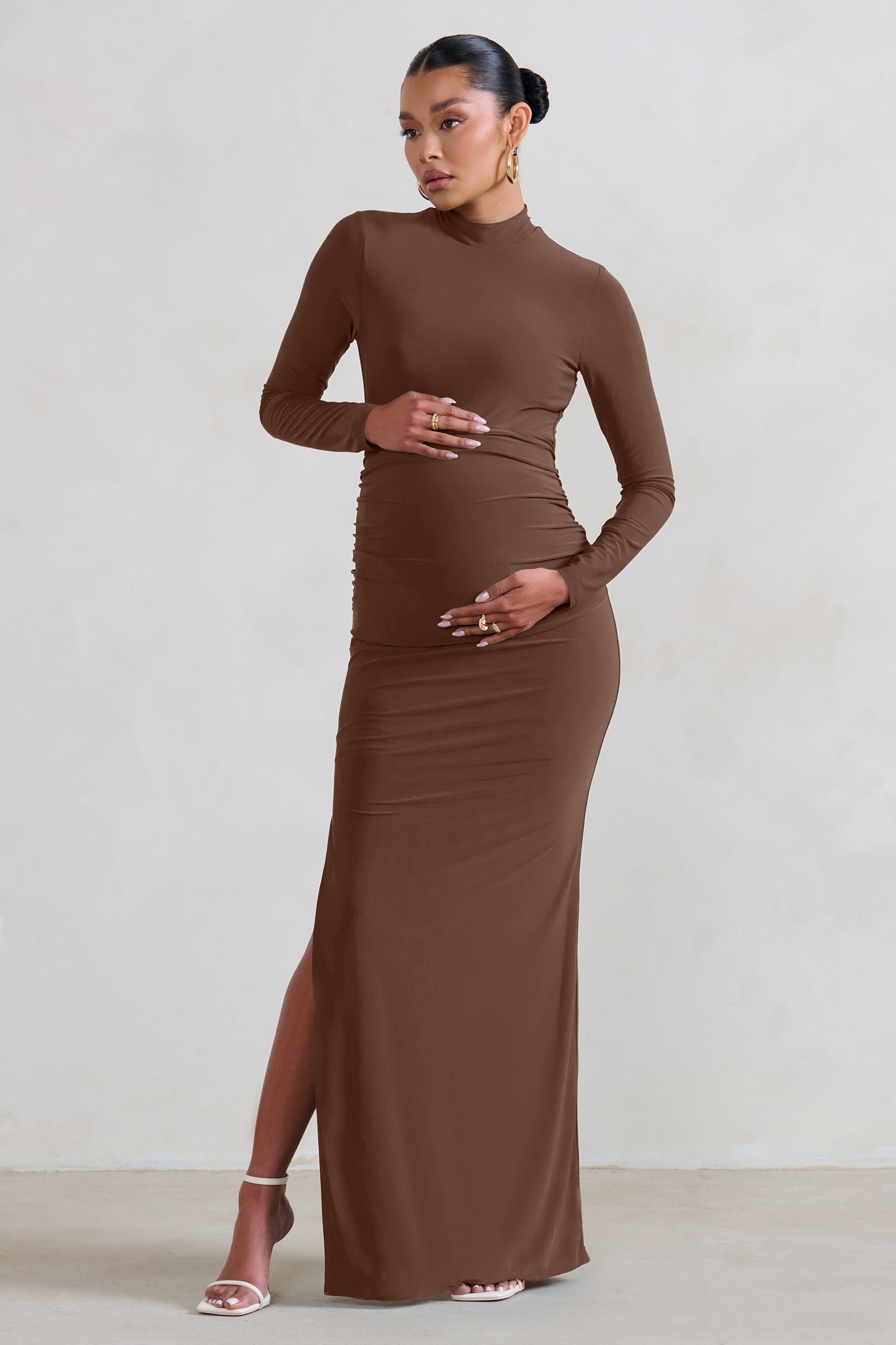 Alejandra Brown Maternity Long Sleeve High Neck Maxi Dress-Fashionmomo.All Rights Reserved