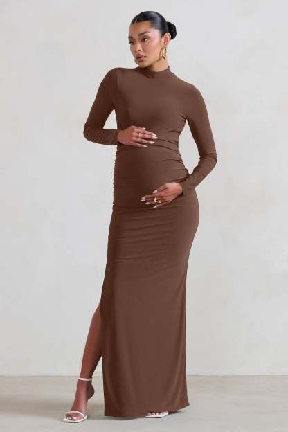 Alejandra Brown Maternity Long Sleeve High Neck Maxi Dress-Fashionmomo.All Rights Reserved