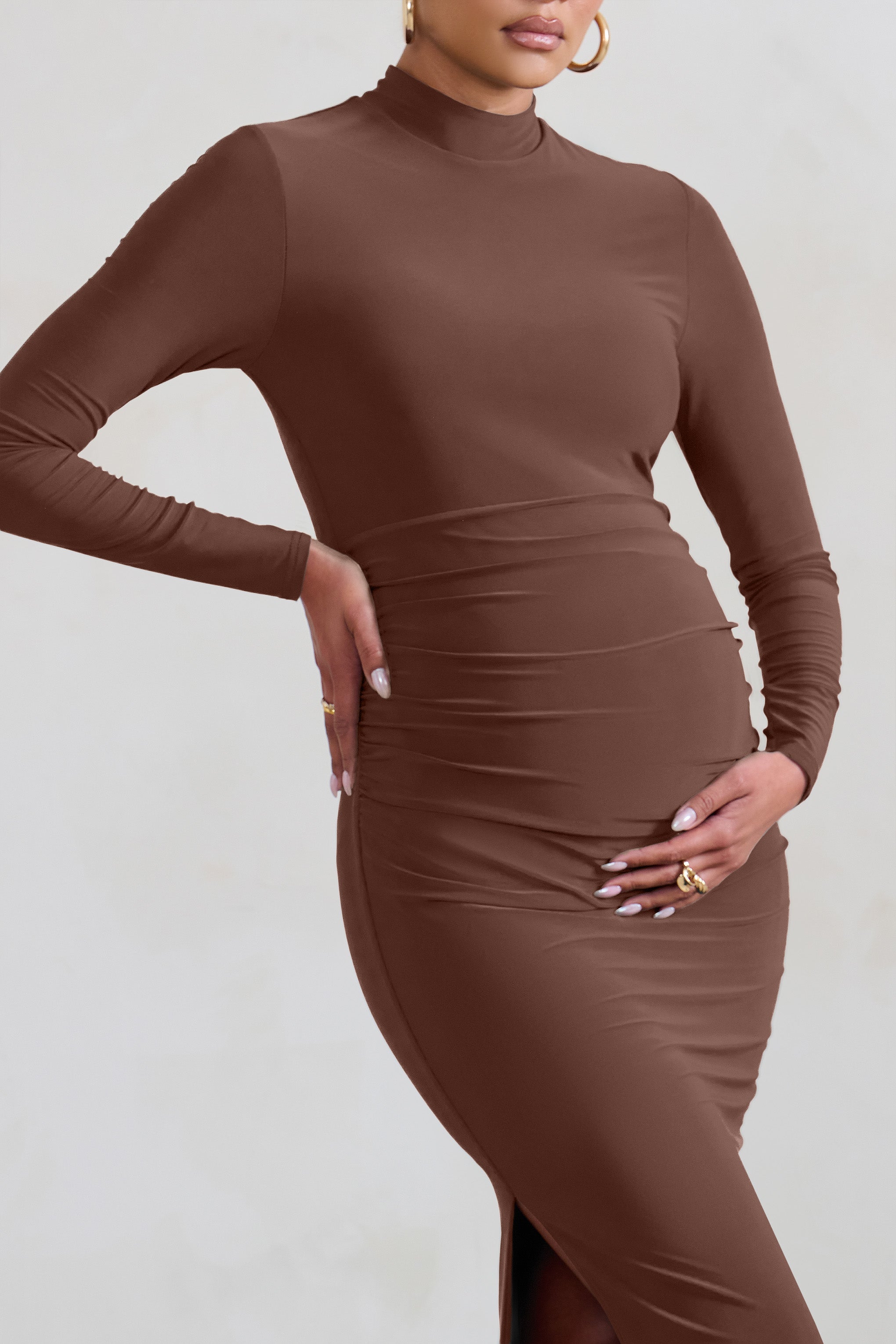 Alejandra Brown Maternity Long Sleeve High Neck Maxi Dress-Fashionmomo.All Rights Reserved