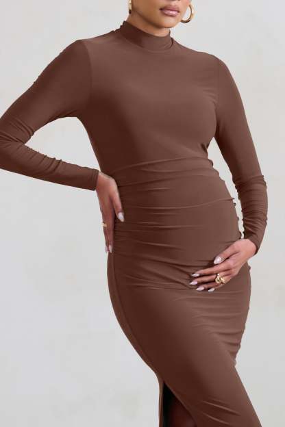 Alejandra Brown Maternity Long Sleeve High Neck Maxi Dress-Fashionmomo.All Rights Reserved