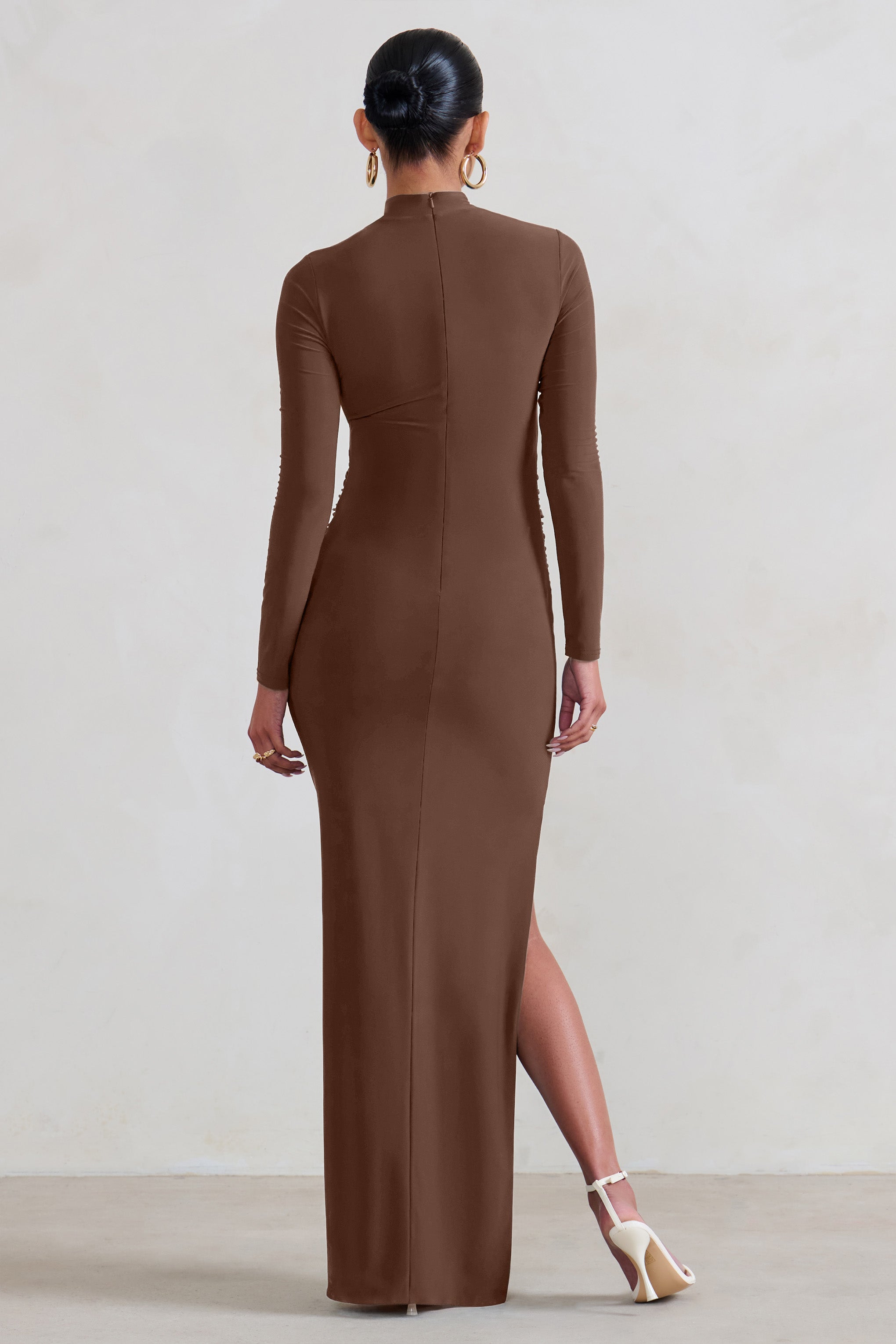 Alejandra Brown Maternity Long Sleeve High Neck Maxi Dress-Fashionmomo.All Rights Reserved