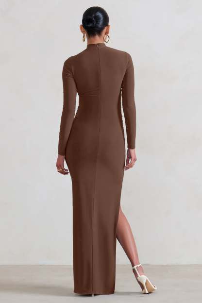 Alejandra Brown Maternity Long Sleeve High Neck Maxi Dress-Fashionmomo.All Rights Reserved