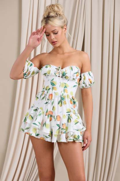 Piazza Play Lemon Print Ruffled Corset Bardot Playsuit-Fashionmomo.All Rights Reserved