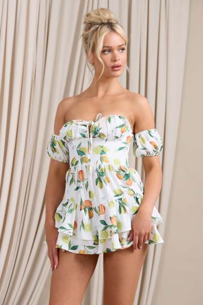 Piazza Play Lemon Print Ruffled Corset Bardot Playsuit-Fashionmomo.All Rights Reserved
